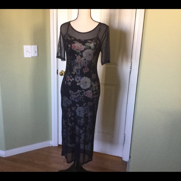 Slip dress. Navy, optional Sleeved Mesh Overlay - Picture 3 of 5